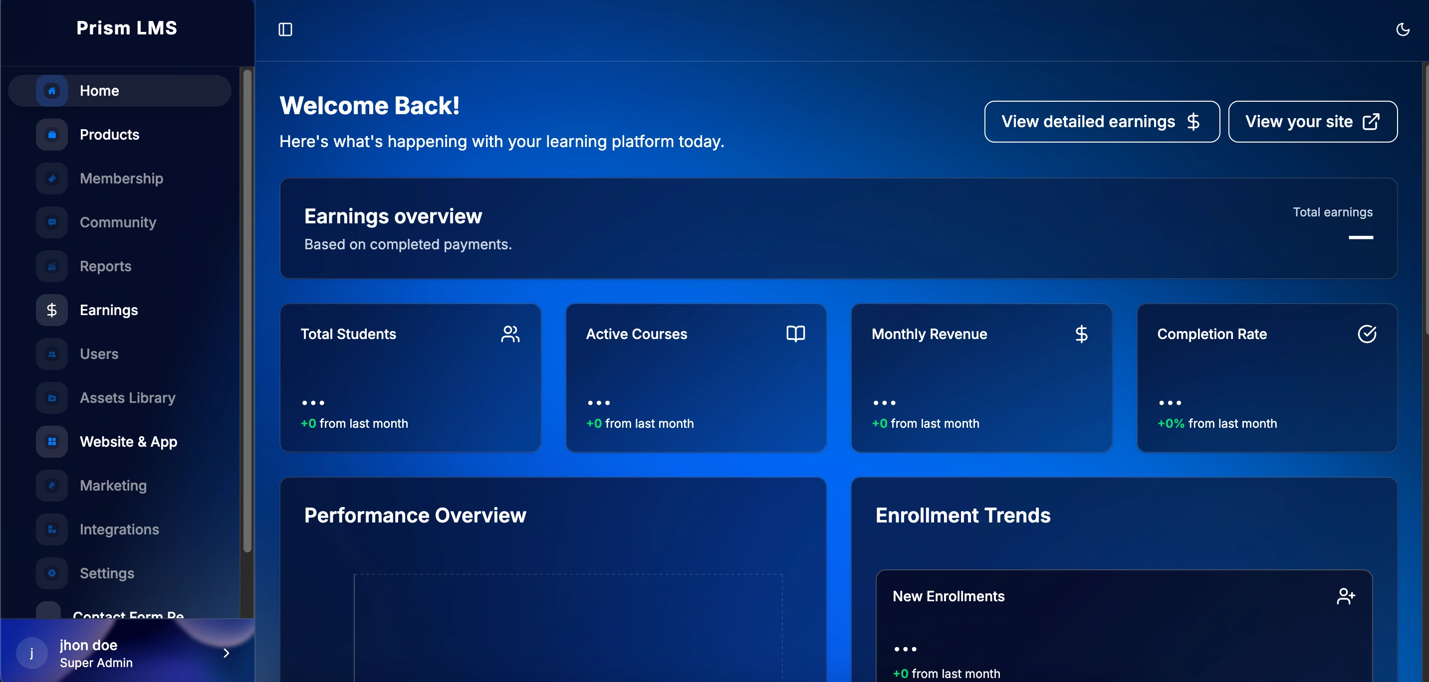Prism LMS Dashboard Mock