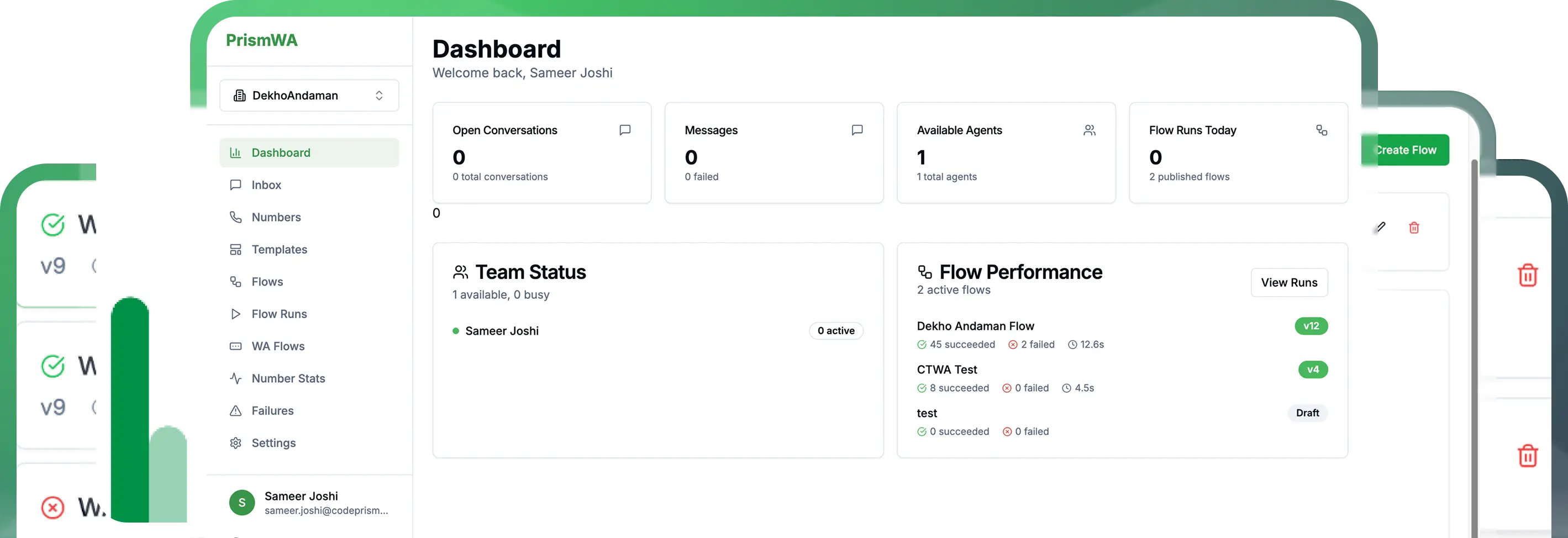 PrismWA WhatsApp CRM Dashboard Mockup